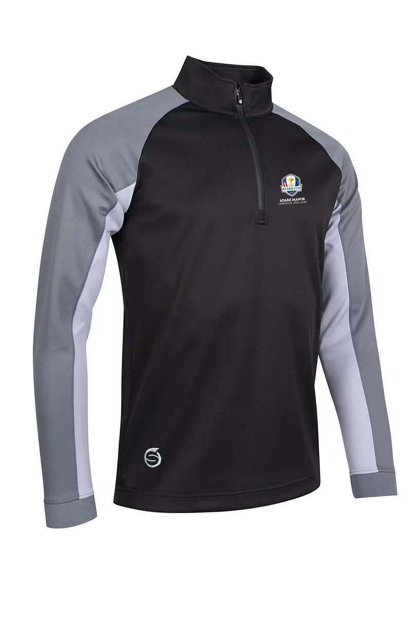 Official Ryder Cup 2027 Mens Quarter Zip Contrast Sleeve Panel Showerproof Golf Midlayer Black/Gunmetal/Silver XXL
