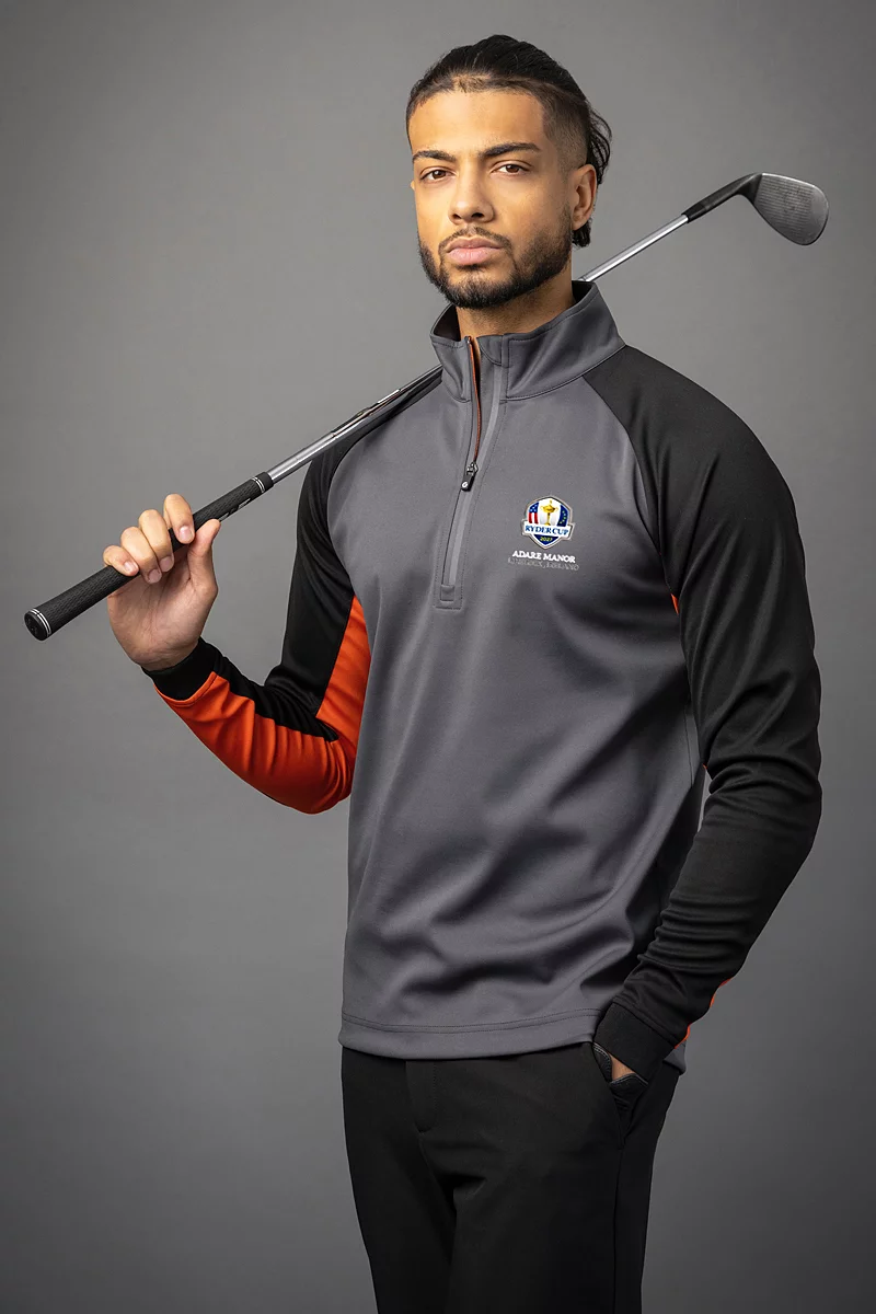 Official Ryder Cup 2027 Mens Quarter Zip Contrast Sleeve Panel Showerproof Golf Midlayer Official Ryder Cup 2027 Mens Quarter Zip Contrast Sleeve Panel Showerproof Golf Midlayer