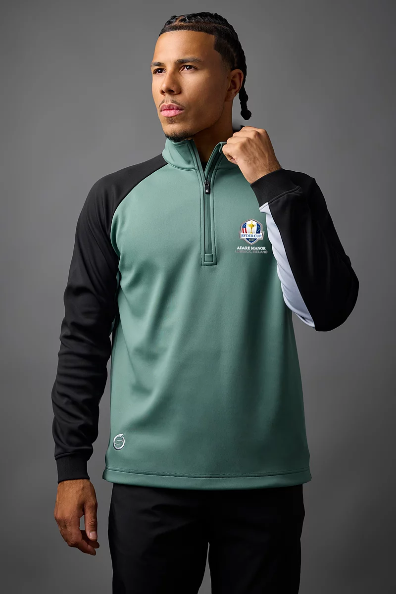 Official Ryder Cup 2027 Mens Quarter Zip Contrast Sleeve Panel Showerproof Golf Midlayer