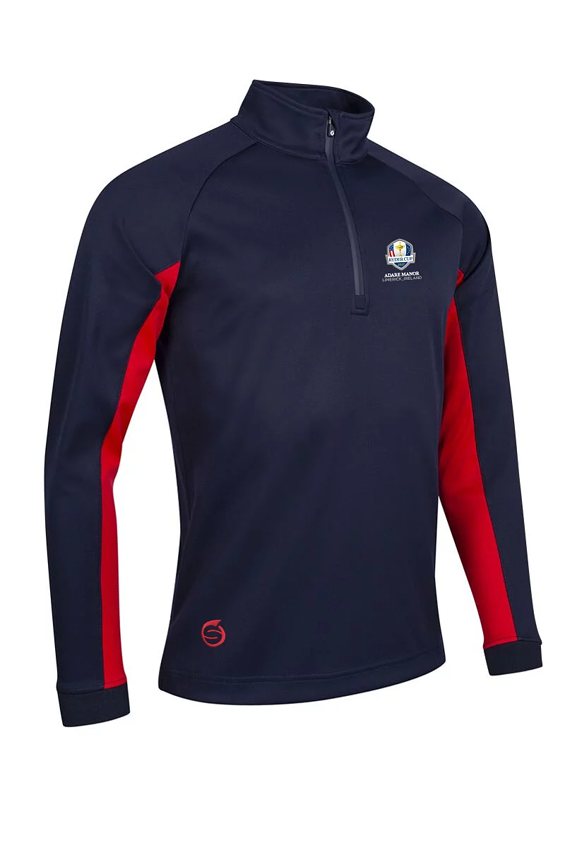 Official Ryder Cup 2027 Mens Quarter Zip Contrast Sleeve Panel Showerproof Golf Midlayer Navy/Red XL