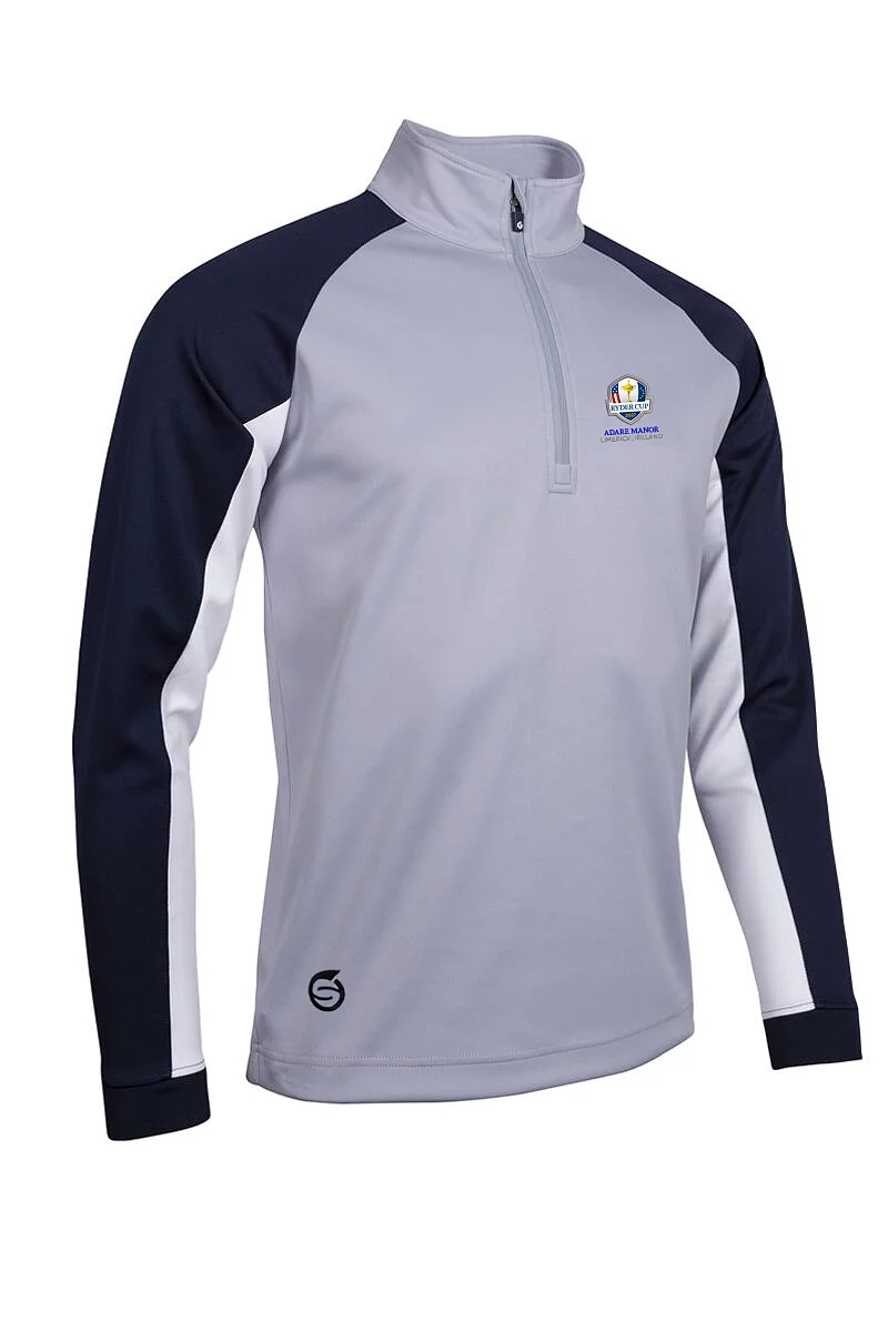 Official Ryder Cup 2027 Mens Quarter Zip Contrast Sleeve Panel Showerproof Golf Midlayer Silver/Navy/White XL