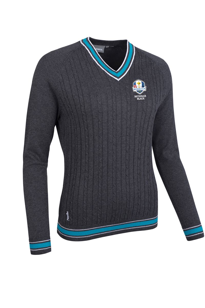 Official Ryder Cup 2027 Ladies V Neck Raglan Cable Front Cotton Lightweight Golf Sweater