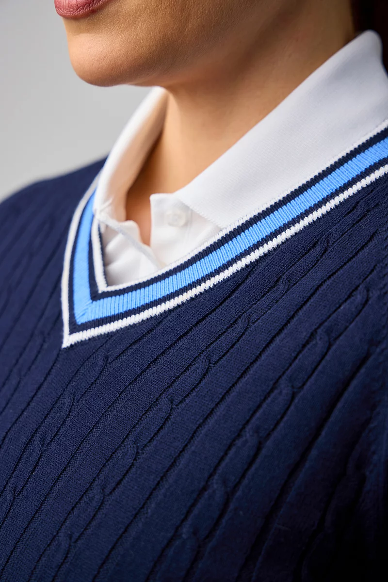 Ladies V Neck Raglan Cable Front Cotton Lightweight Golf Sweater Ladies V Neck Raglan Cable Front Cotton Lightweight Golf Sweater