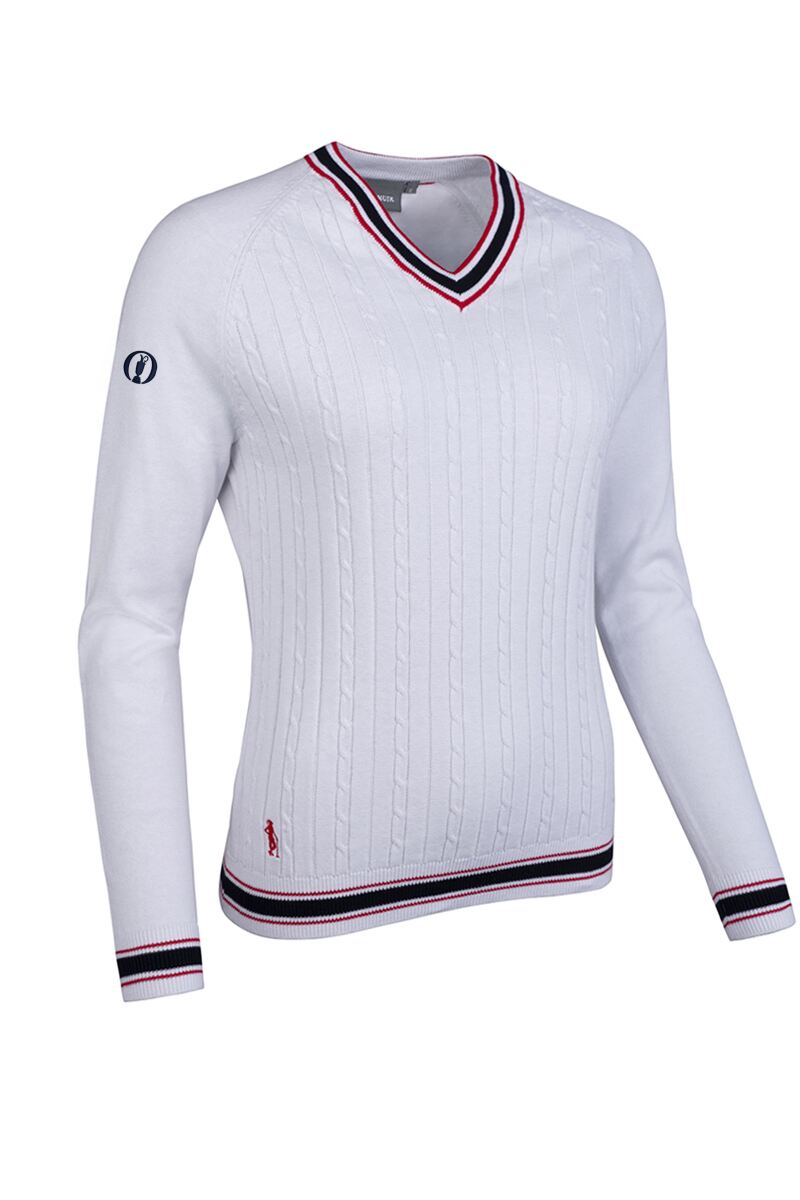The Open Ladies V Neck Raglan Cable Front Cotton Lightweight Golf Sweater