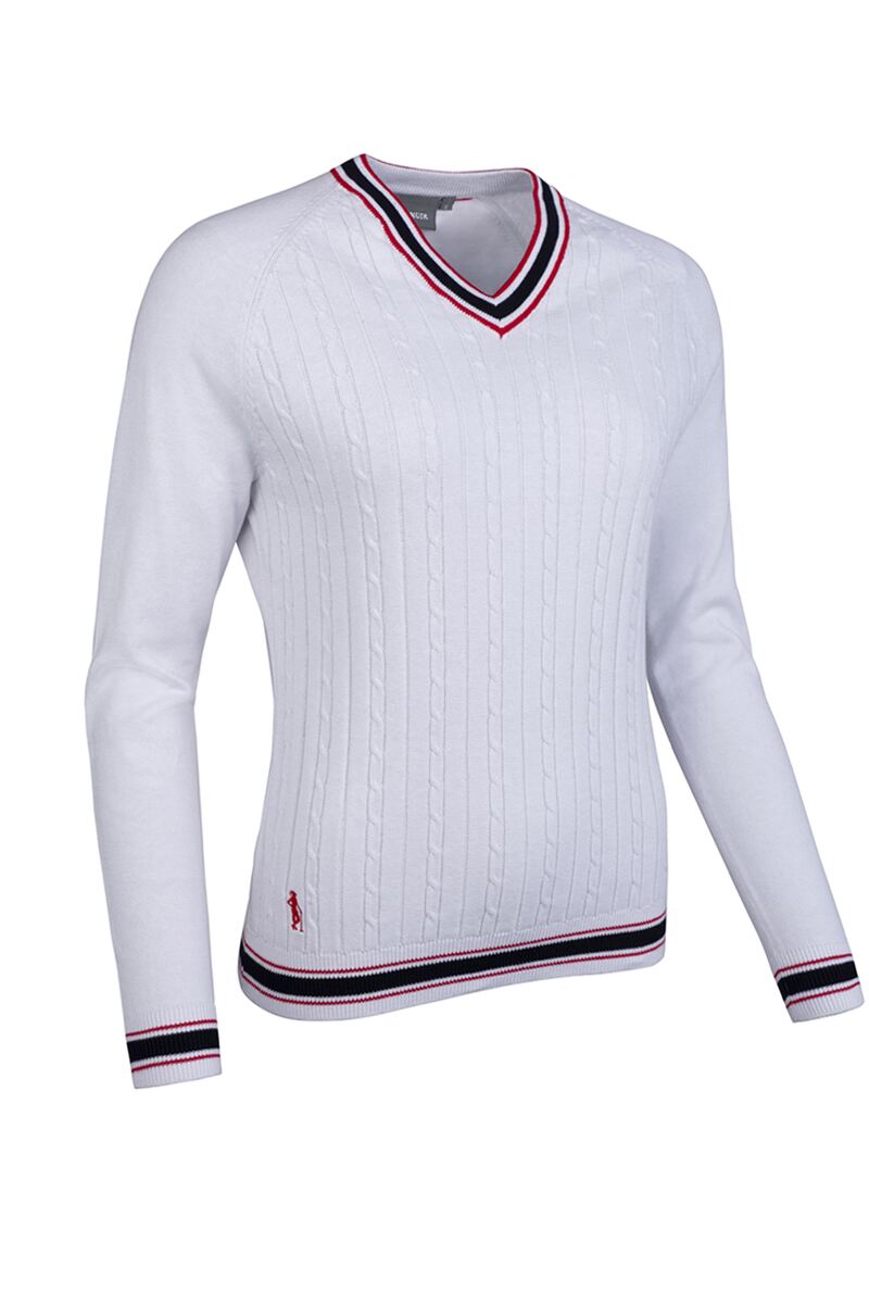Ladies V Neck Raglan Cable Front Cotton Lightweight Golf Sweater
