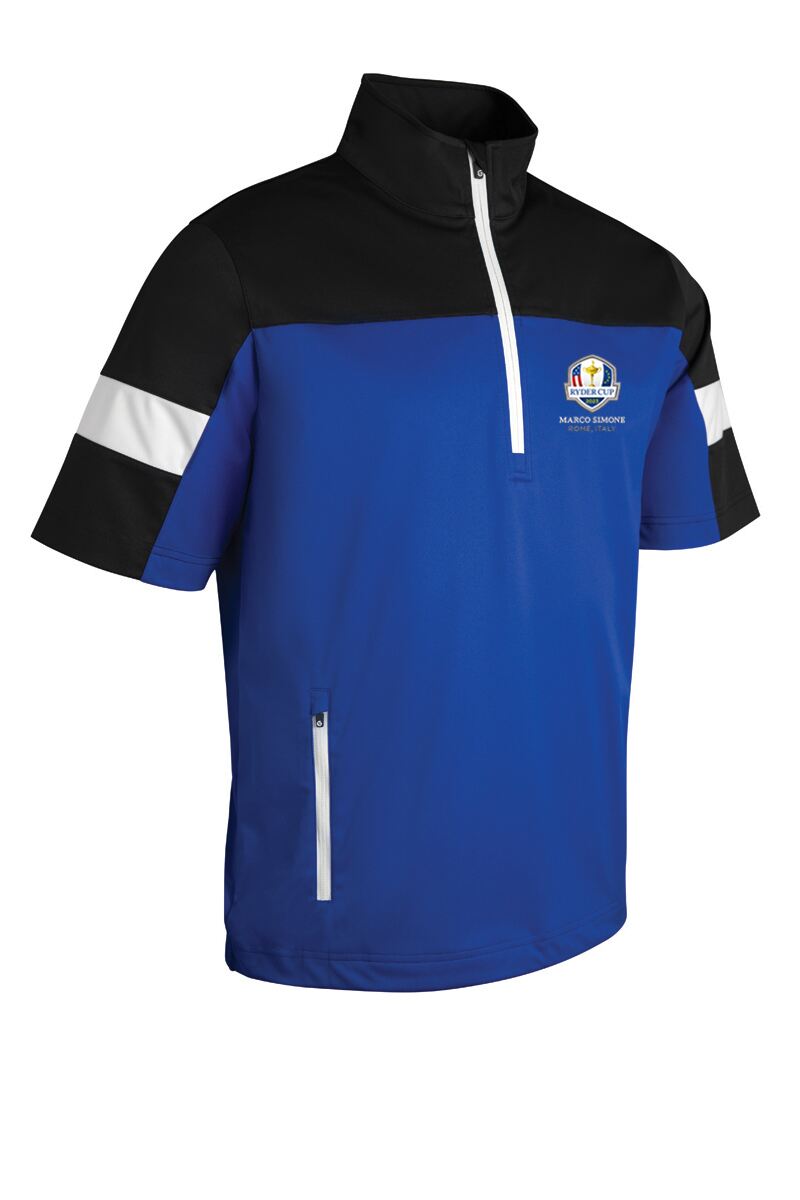 Official Ryder Cup 2025 Mens Quarter Zip Colour Block Half Sleeve Showerproof Golf Windshirt Electric Blue/Black/White S