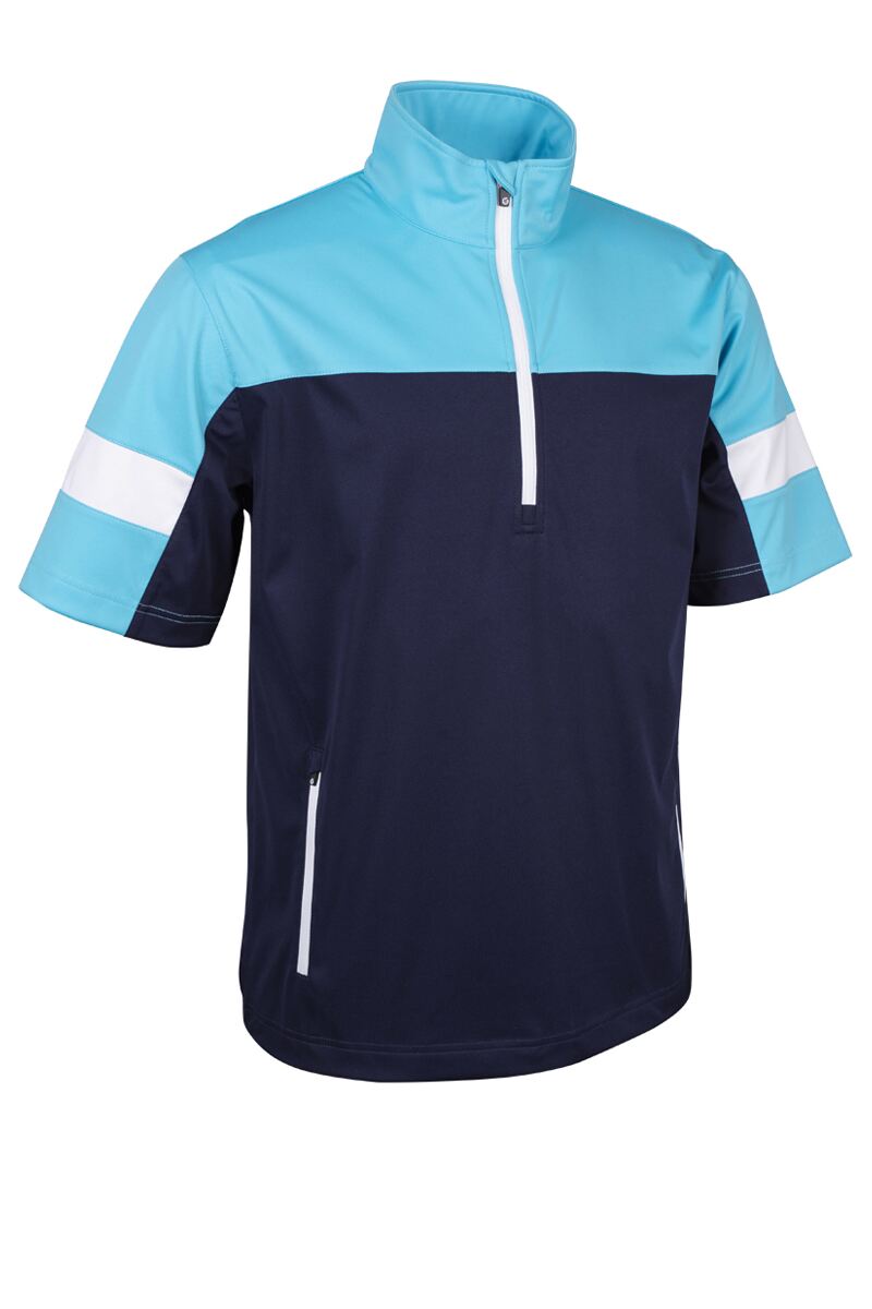 Mens Quarter Zip Colour Block Half Sleeve Showerproof Golf Windshirt Navy/Aqua/White S