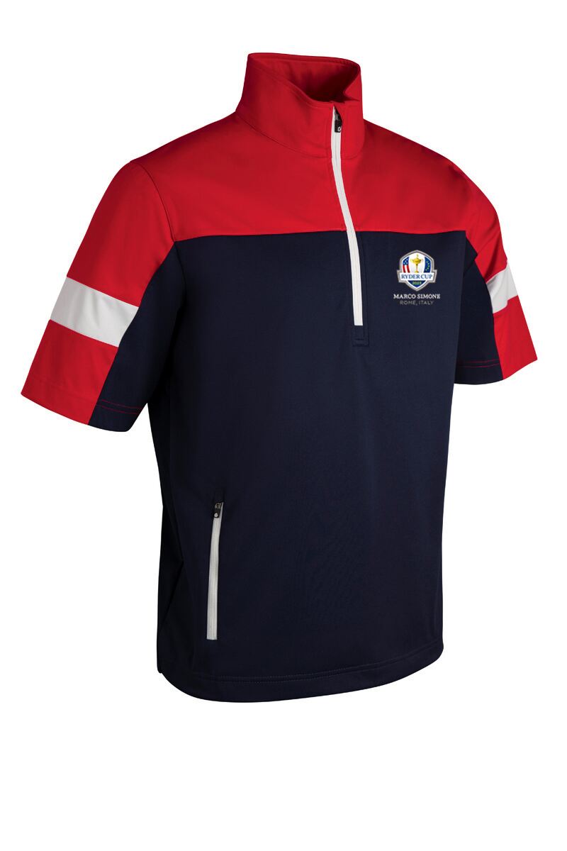 Official Ryder Cup 2025 Mens Quarter Zip Colour Block Half Sleeve Showerproof Golf Windshirt Navy/Red/White S