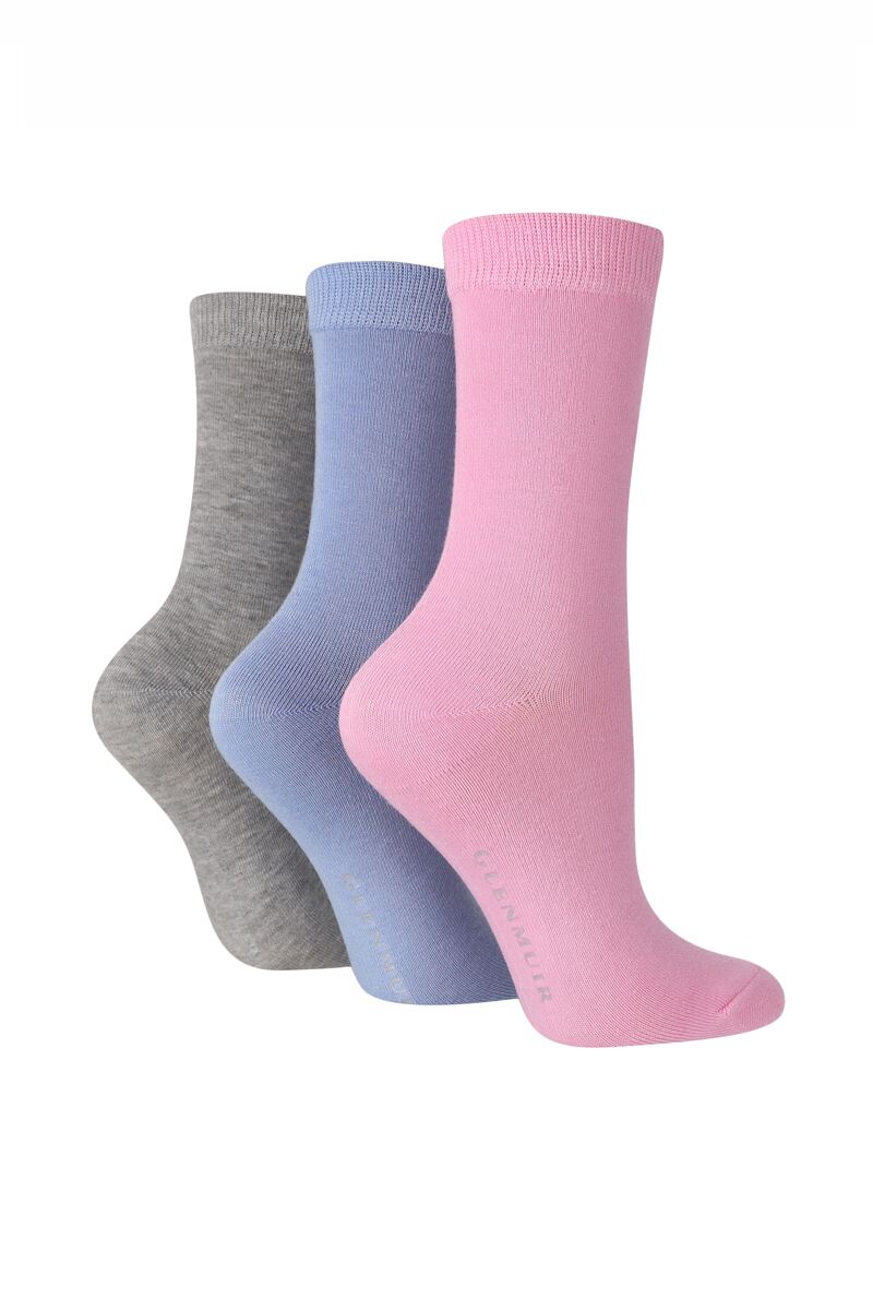 Ladies 3 Pair Bamboo Plain Socks Pink/Lt Blue/Grey 4-8