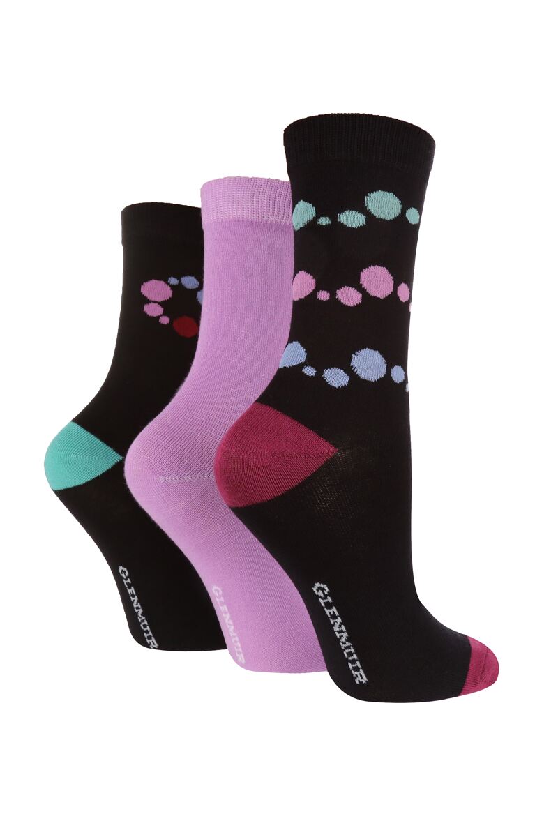 Ladies 3 Pair Bamboo Patterned Socks Black with Bubbles 4-8