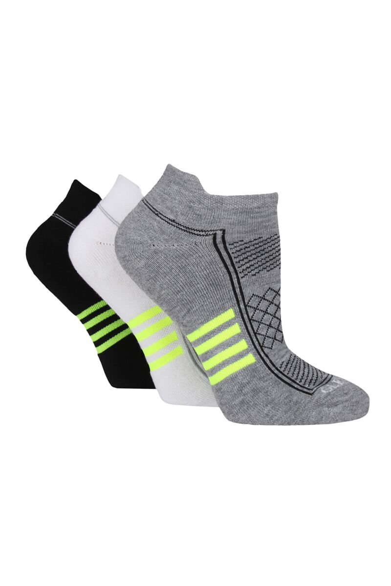 Ladies 3 Pair Patterned Trainer Socks Grey/White/Black with Yellow Detail 4-8