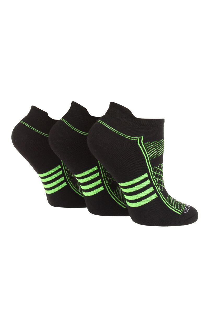 Ladies 3 Pair Patterned Trainer Socks Black with Green Detail 4-8