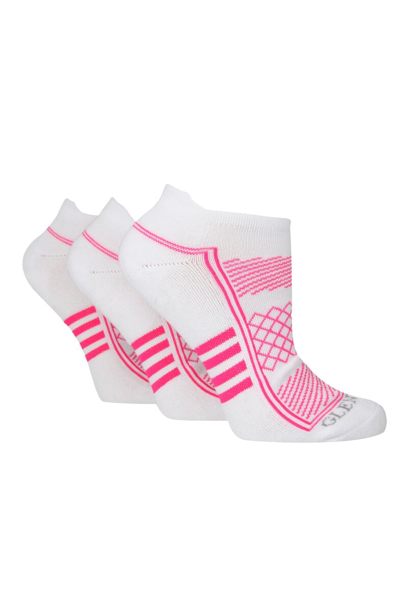 Ladies 3 Pair Patterned Trainer Socks White with Pink Detail 4-8