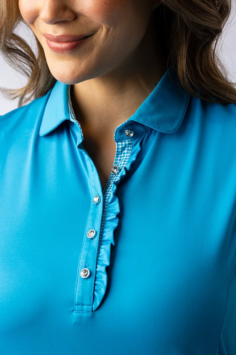 Ladies Ruched Placket Gingham Sleeveless Performance Golf Polo Shirt Sale Ladies Ruched Placket Gingham Sleeveless Performance Golf Polo Shirt Sale