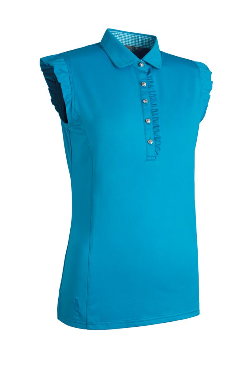 Ladies Ruched Placket Gingham Sleeveless Performance Golf Polo Shirt Sale Cobalt XXL