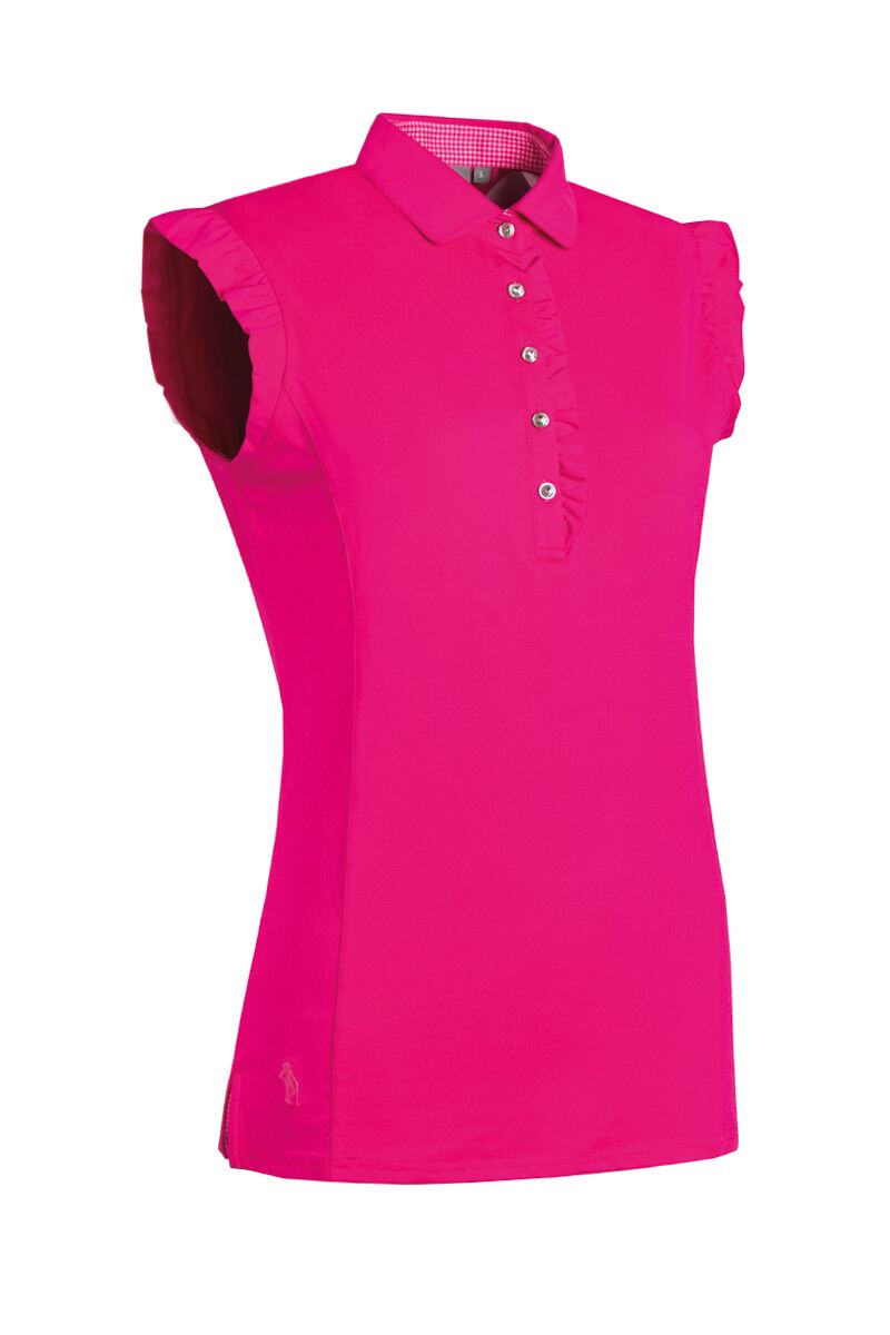 Ladies Ruched Placket Gingham Sleeveless Performance Golf Polo Shirt Sale Magenta M