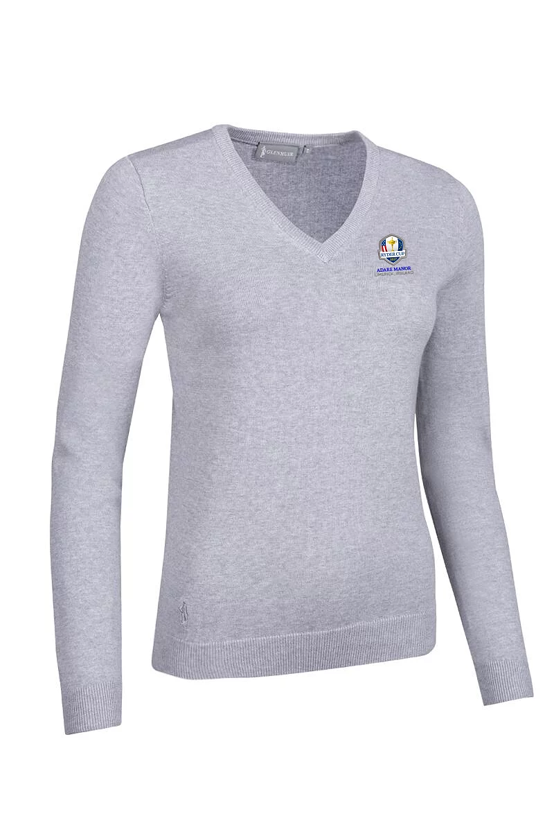 Official Ryder Cup 2027 Ladies V Neck Cotton Lightweight Golf Sweater Light Grey Marl M