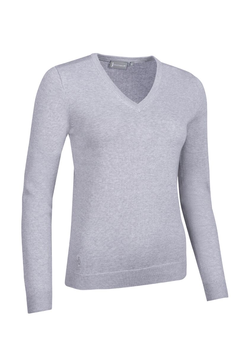 Ladies V Neck Cotton Golf Sweater Light Grey Marl S