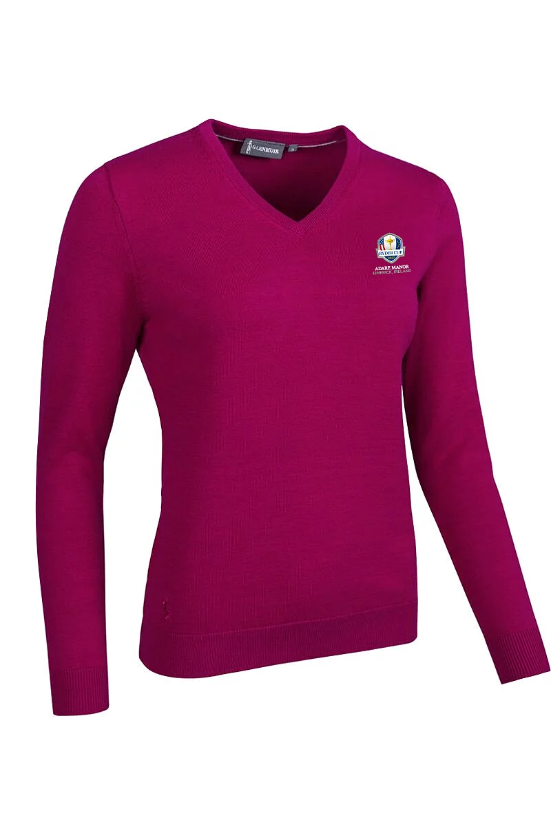 Official Ryder Cup 2027 Ladies V Neck Cotton Lightweight Golf Sweater Raspberry L