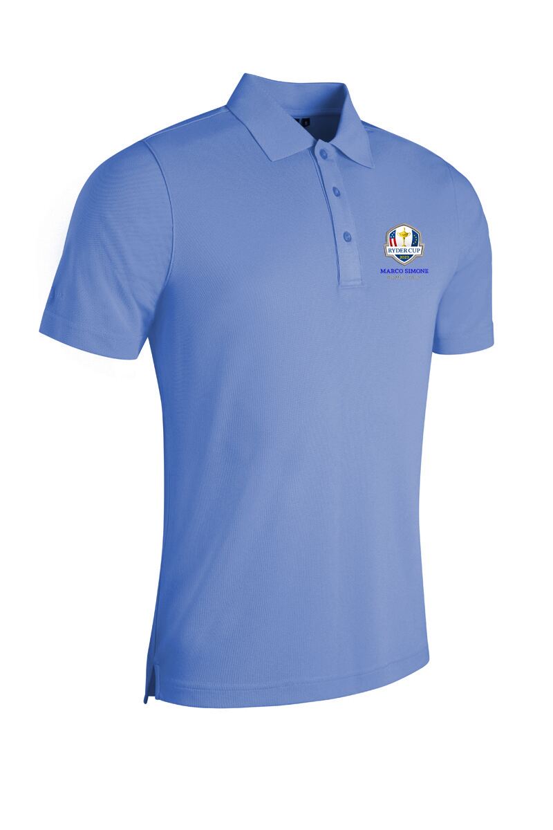 Official Ryder Cup 2025 Mens Performance Pique Golf Polo Shirt Light Blue XXL