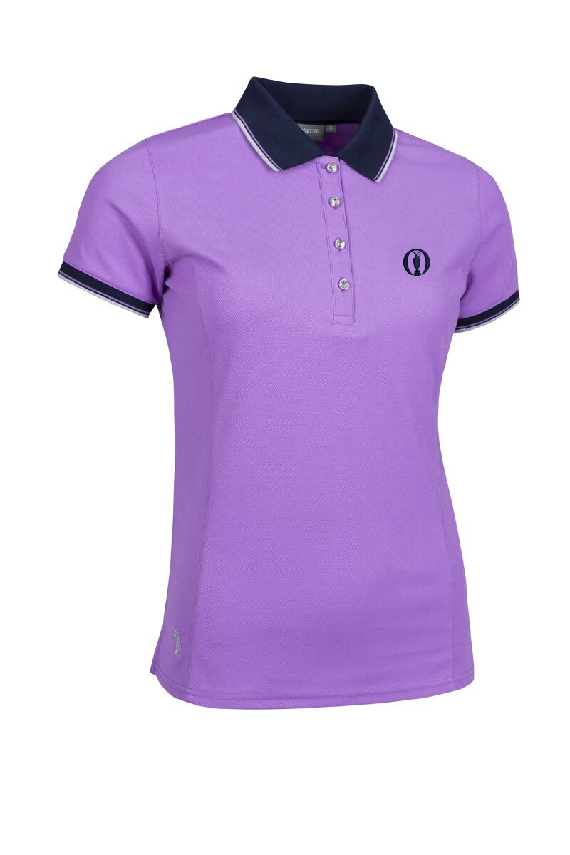 The Open Ladies Lurex Tipped Performance Pique Golf Shirt Amethyst/Navy/Silver S