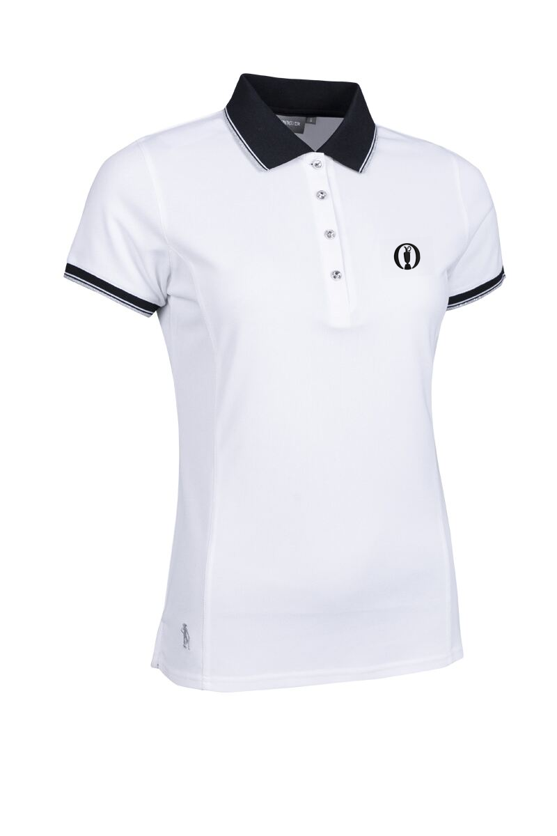 The Open Ladies Lurex Tipped Performance Pique Golf Shirt White/Black/Silver XL