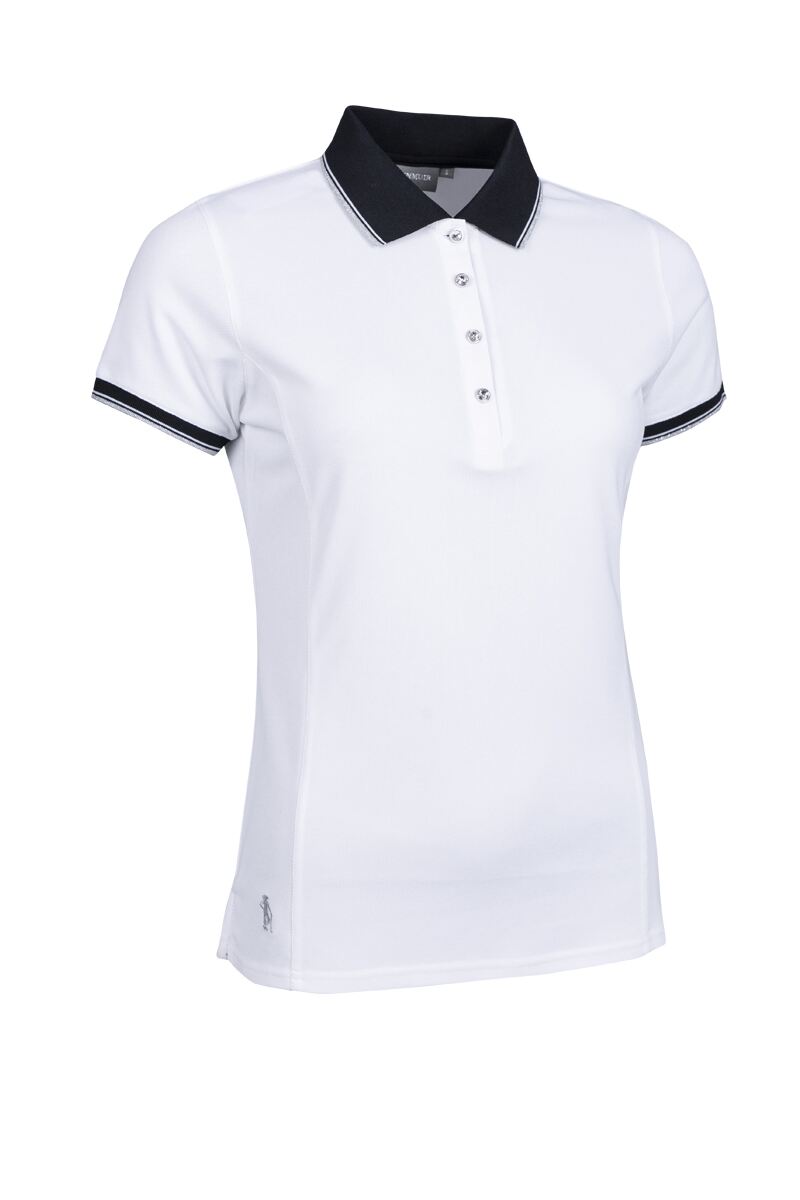 Ladies Lurex Tipped Performance Pique Golf Shirt White/Black/Silver S