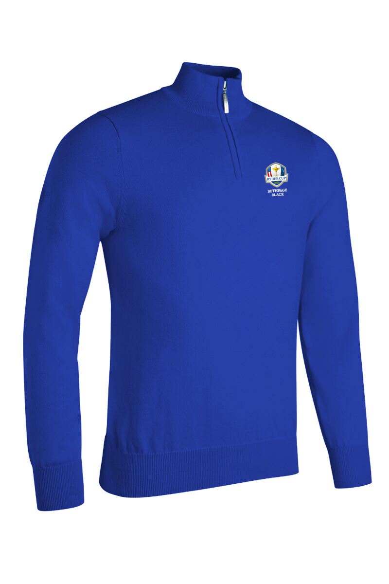 Official Ryder Cup 2025 Mens Quarter Zip Lightweight Cotton Golf Sweater Ascot Blue S