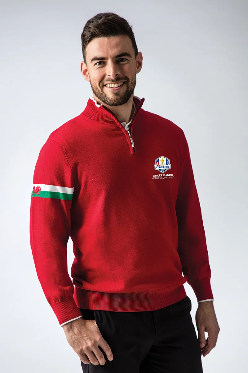Official Ryder Cup 2027 Mens Quarter Zip Welsh Dragon Cotton Lightweight Golf Sweater Official Ryder Cup 2027 Mens Quarter Zip Welsh Dragon Cotton Lightweight Golf Sweater