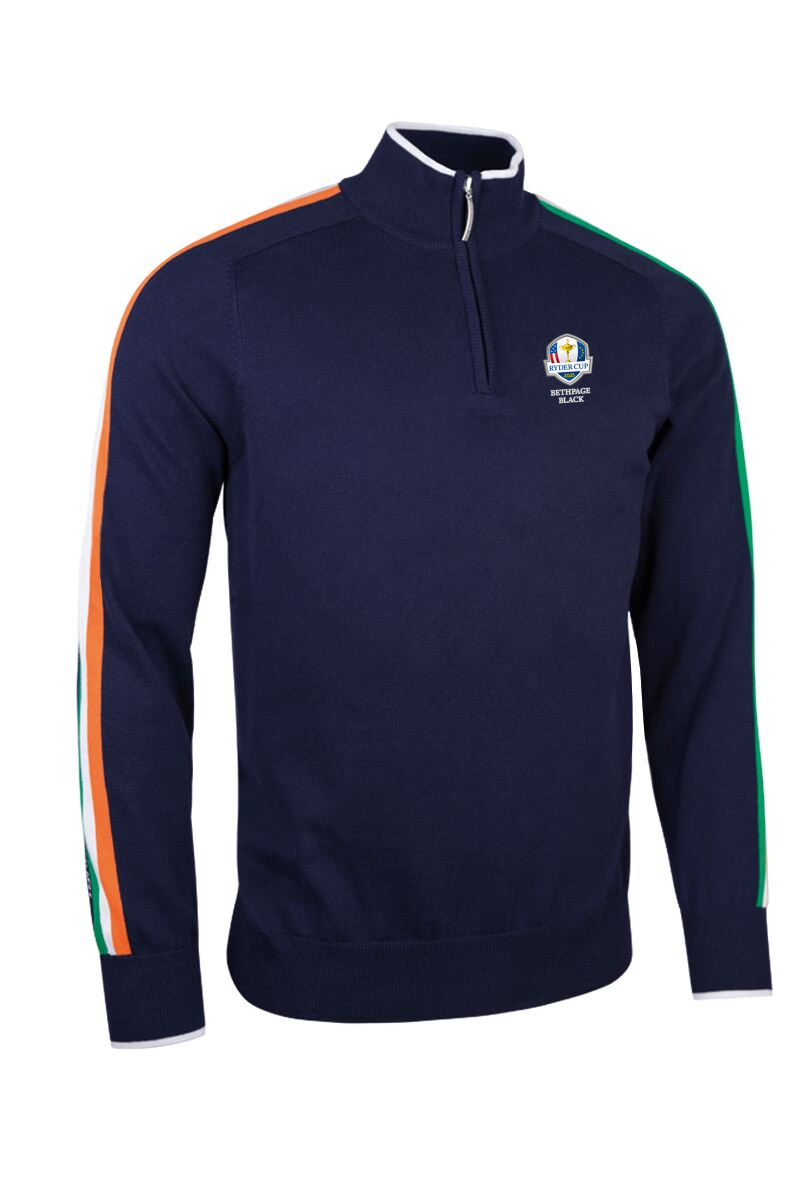 Official Ryder Cup 2025 Mens Quarter Zip Irish Flag Stripe Cotton Golf Sweater Navy S