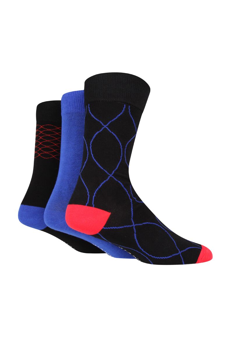 Mens 3 Pair Bamboo Patterned Socks Black with Electric Blue Pattern 7-11