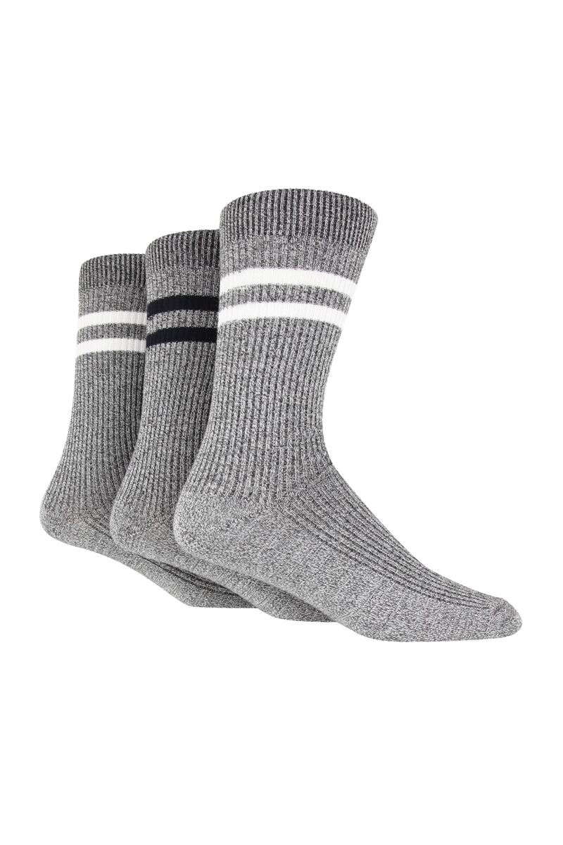 Mens 3 Pair Bamboo Patterned Rib Socks Grey with White/Black Stripes 7-11