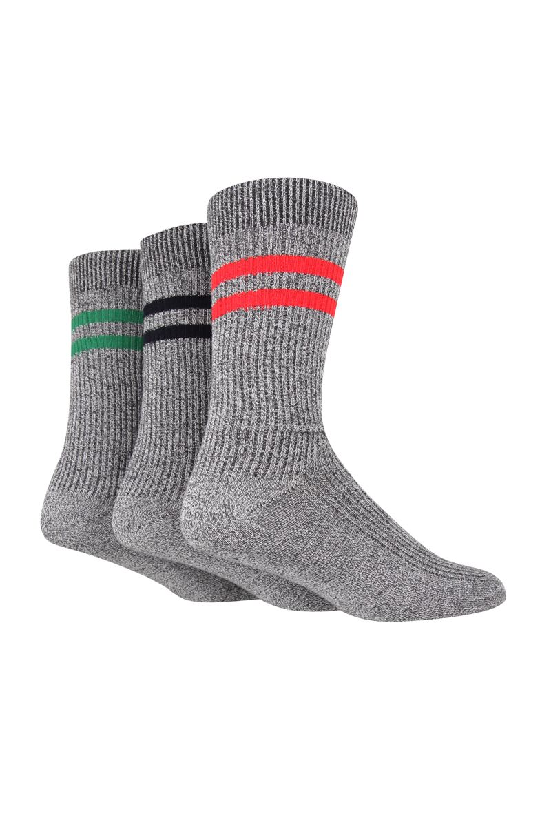 Mens 3 Pair Bamboo Patterned Rib Socks Grey with Red/Navy/Green Stripes 7-11
