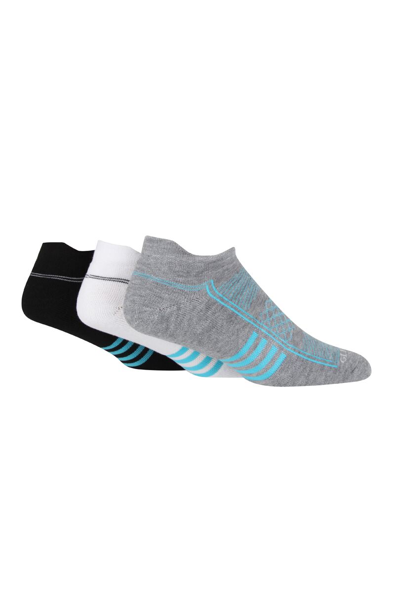 Mens 3 Pair Patterned Trainer Socks Grey/White/Black with Aqua Detail 7-11