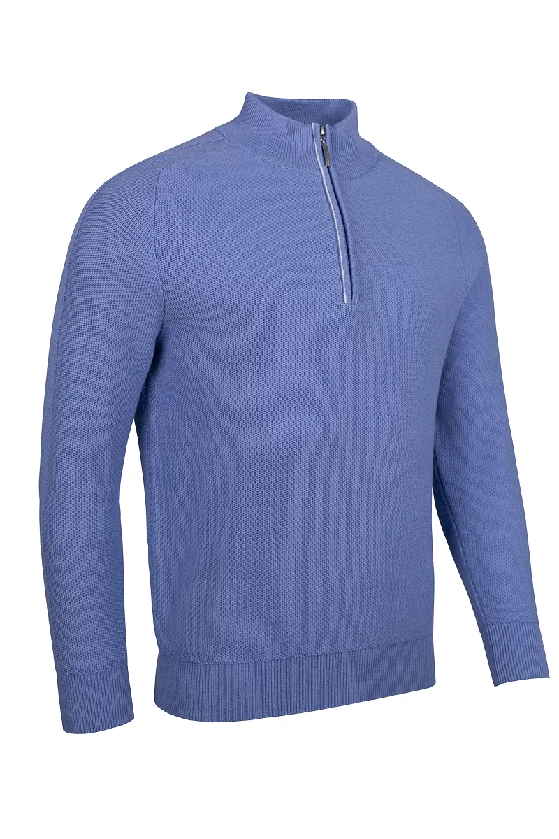 Mens Quarter Zip Textured Raglan Sleeve Touch of Cashmere Midweight Golf Sweater Sale Light Blue/White S