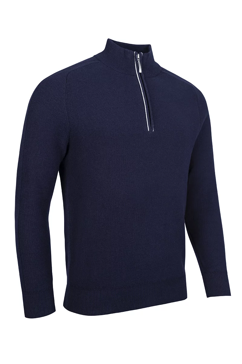 Mens Quarter Zip Textured Raglan Sleeve Touch of Cashmere Midweight Golf Sweater Sale Navy/White XL
