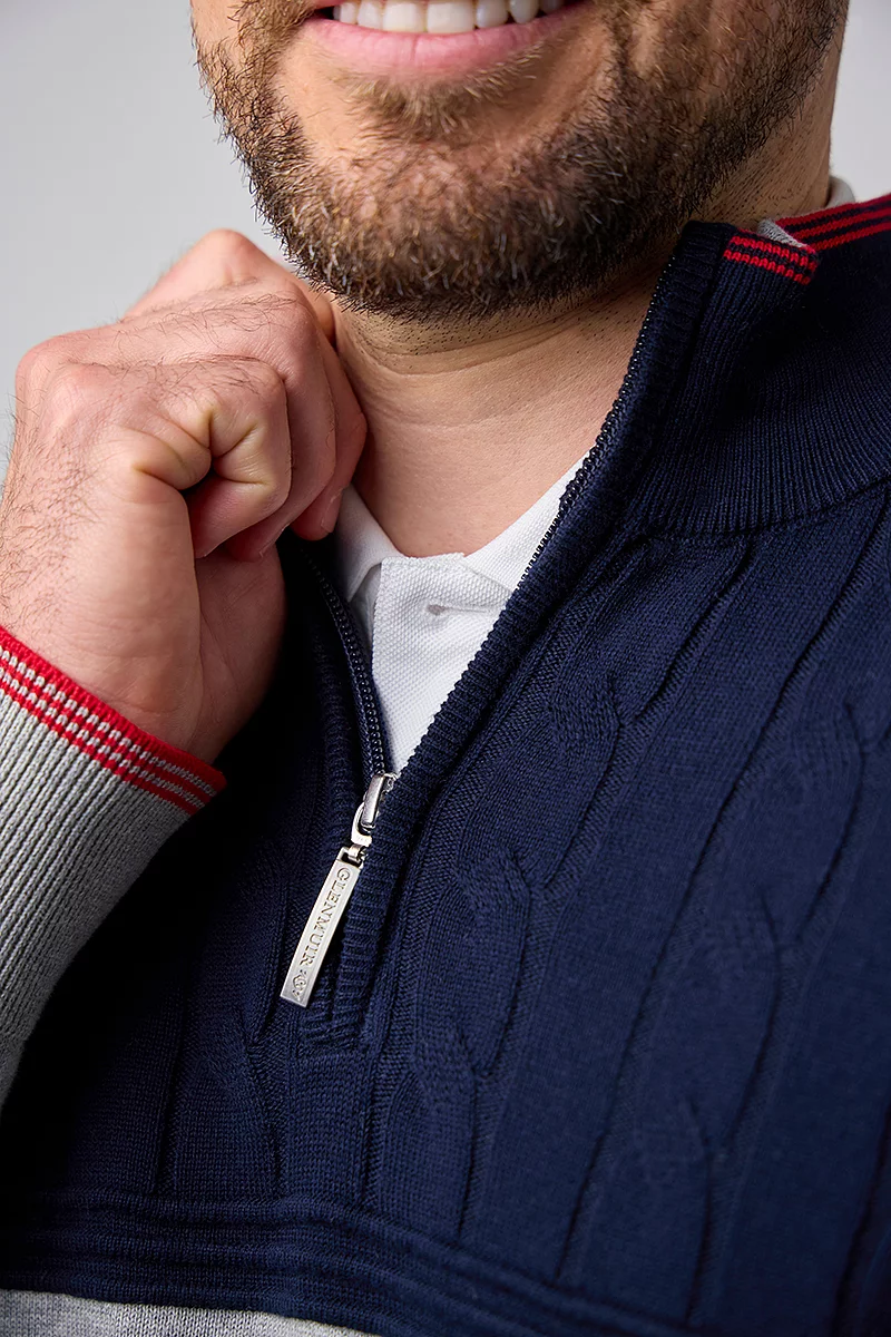 Mens Quarter Zip Colour Block Cable Chest Cotton Lightweight Golf Pullover Mens Quarter Zip Colour Block Cable Chest Cotton Lightweight Golf Pullover