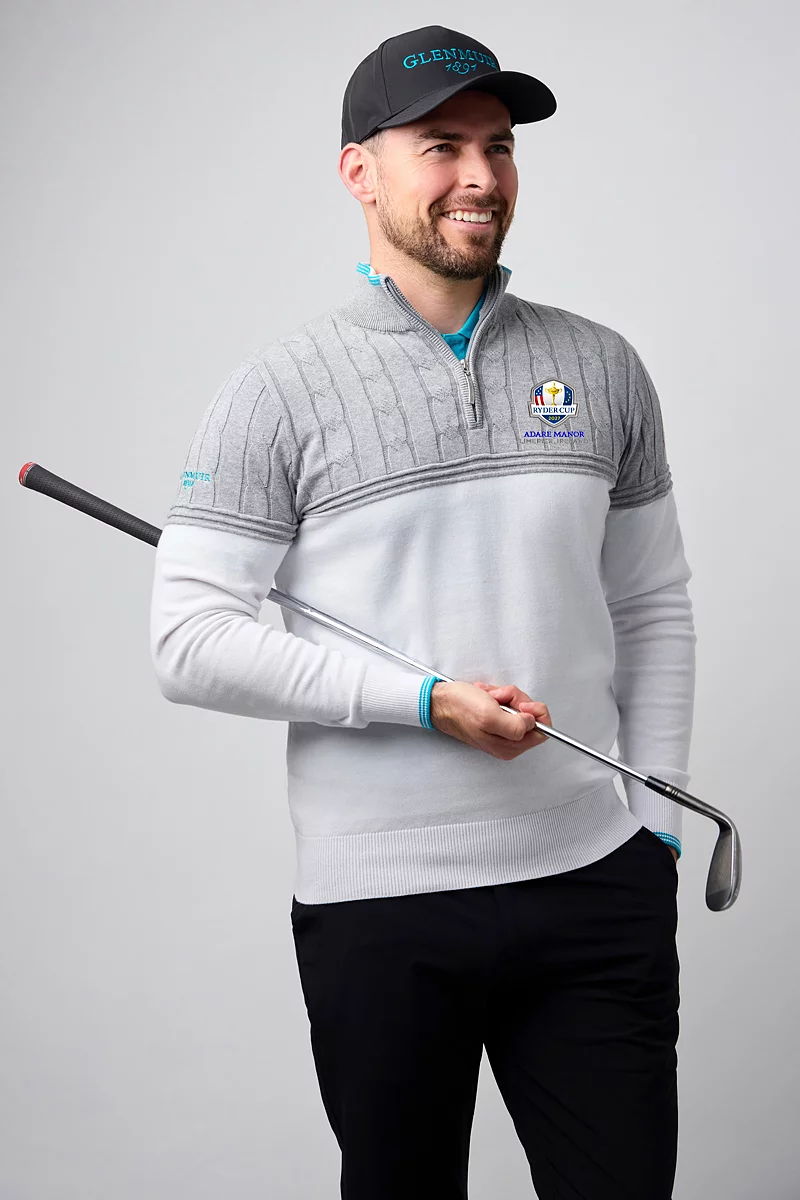 Official Ryder Cup 2027 Mens Quarter Zip Colour Block Cable Chest Cotton Lightweight Golf Pullover Official Ryder Cup 2027 Mens Quarter Zip Colour Block Cable Chest Cotton Lightweight Golf Pullover