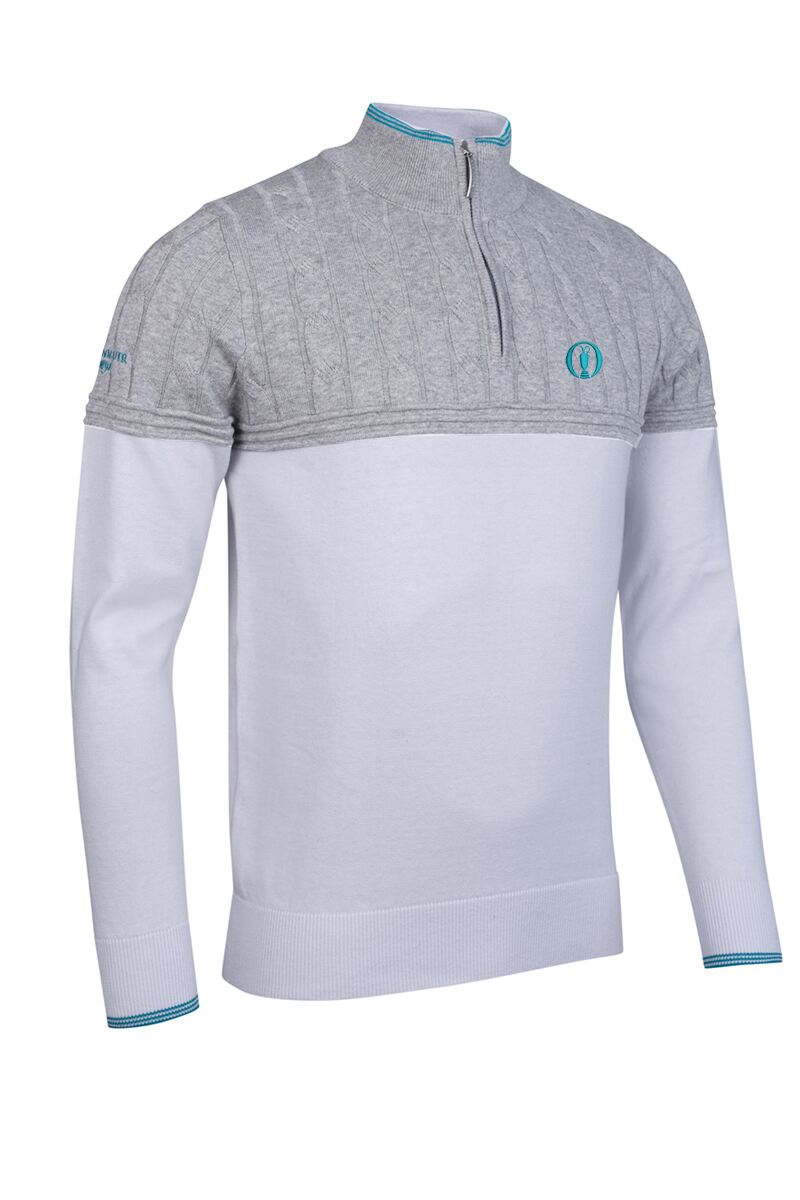 The Open Mens Quarter Zip Colour Block Cable Chest Cotton Lightweight Golf Pullover