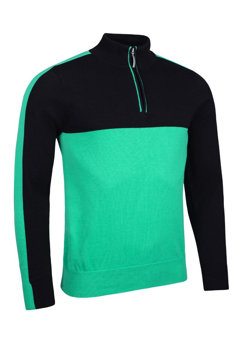 Mens Quarter Zip Colour Block Chest Cotton Golf Sweater Sale Black/Marine Green M