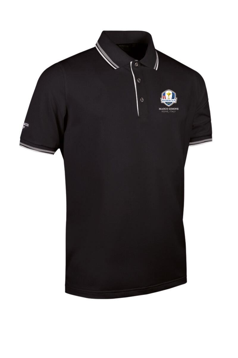 Official Ryder Cup 2025 Mens Tipped Performance Pique Golf Polo Shirt Black/White L