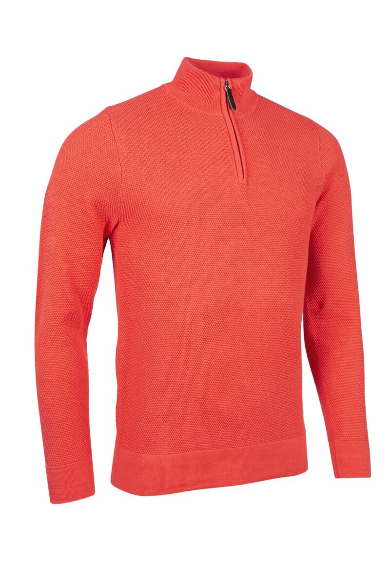 Mens Quarter Zip Textured Suede Placket Cotton Golf Sweater Apricot S