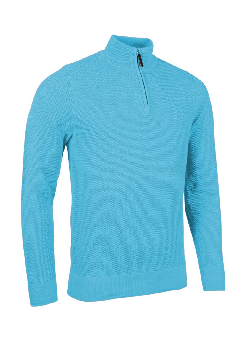 Mens Quarter Zip Textured Suede Placket Cotton Golf Sweater Aqua L