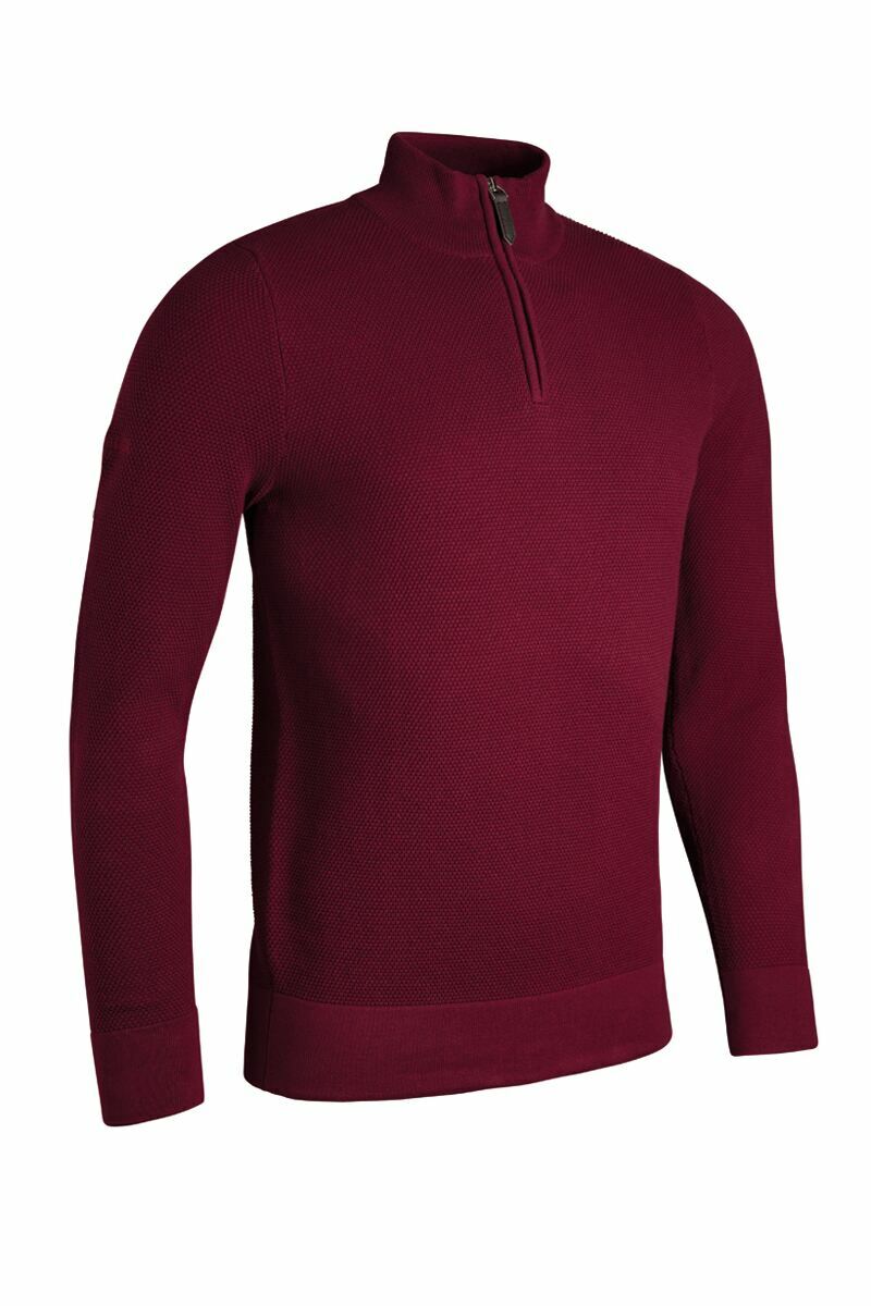 Mens Quarter Zip Textured Suede Placket Cotton Golf Sweater Bordeaux S