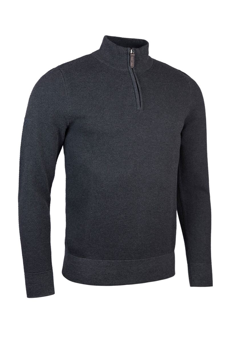Mens Quarter Zip Textured Suede Placket Cotton Golf Sweater Charcoal Marl L