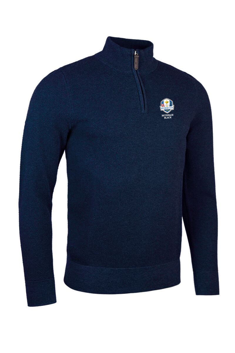 Official Ryder Cup 2025 Mens Quarter Zip Textured Suede Placket Cotton Golf Sweater Navy Marl M