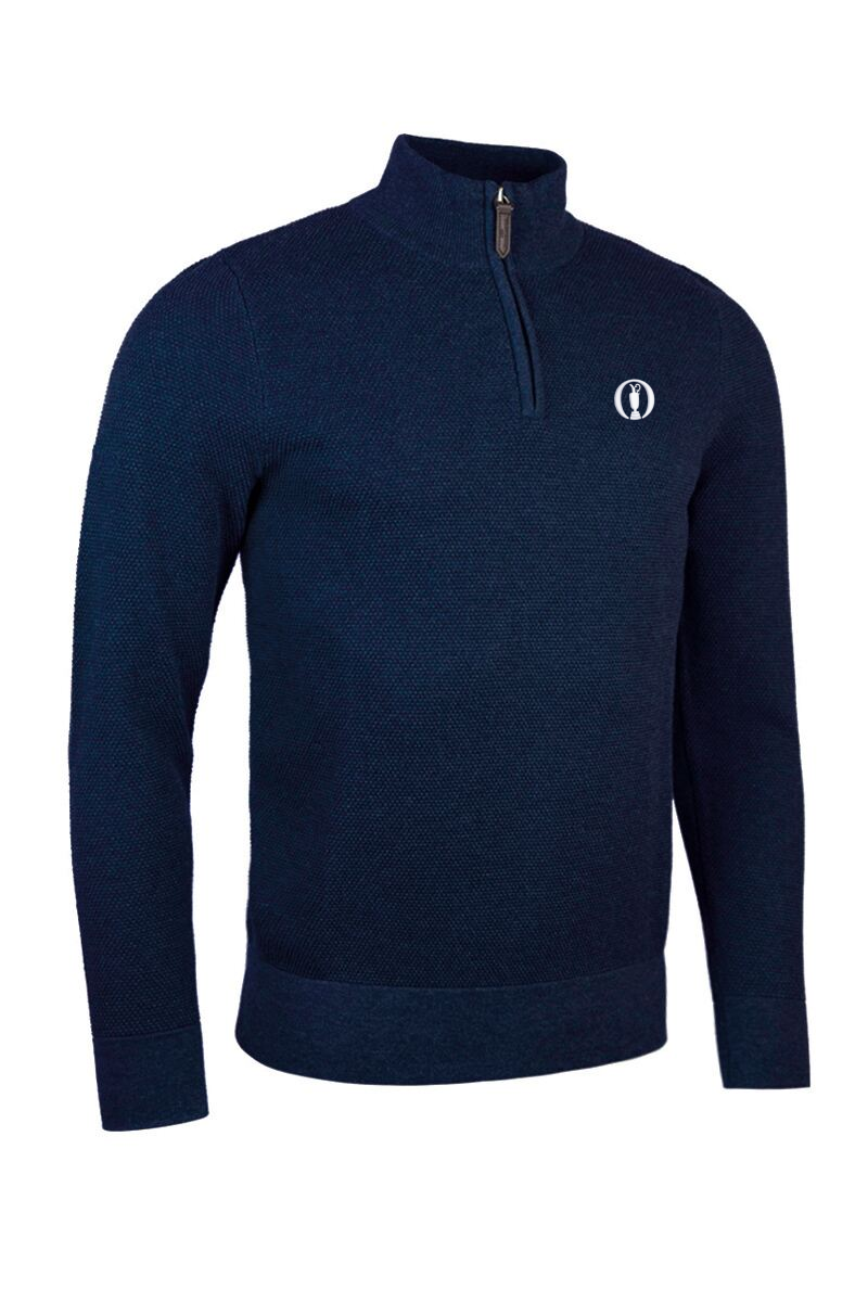 The Open Mens Quarter Zip Textured Suede Placket Cotton Golf Sweater Navy Marl XL