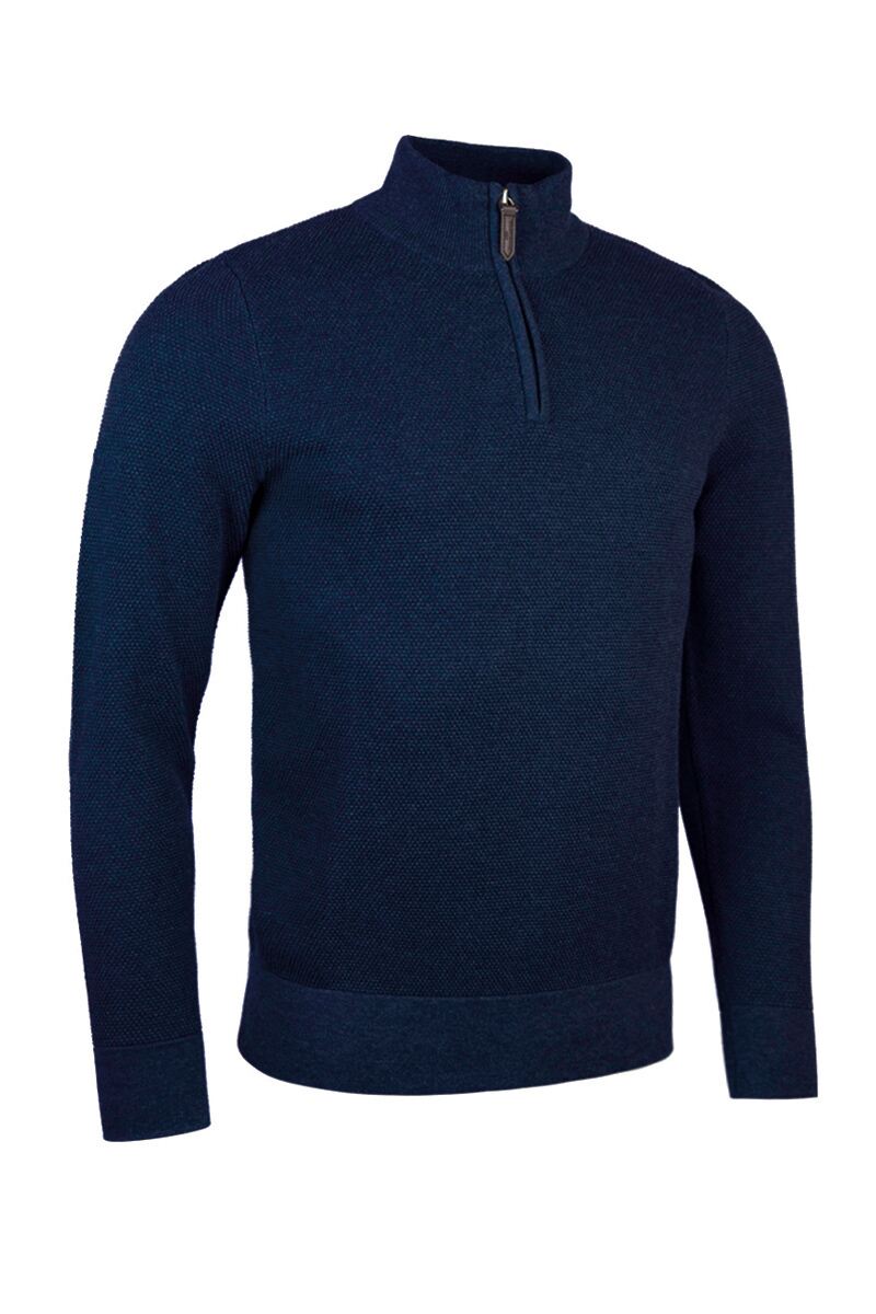 Mens Quarter Zip Textured Suede Placket Cotton Golf Sweater Navy Marl S