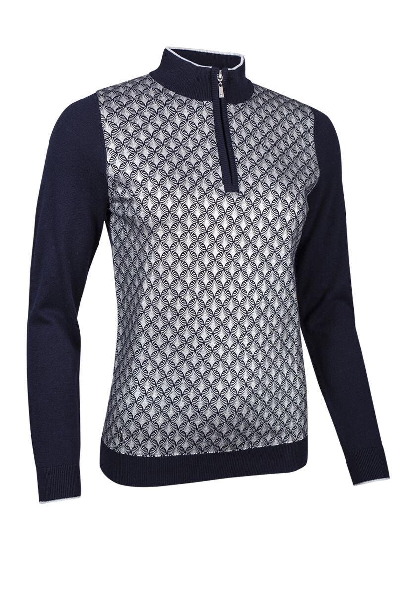 Ladies Quarter Zip Printed Cotton Golf Sweater Navy/Silver Foil Print S