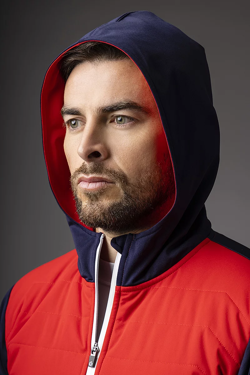 Official Ryder Cup 2027 Mens Zip Front Colour Block Showerproof Hybrid Padded Golf Hoodie Official Ryder Cup 2027 Mens Zip Front Colour Block Showerproof Hybrid Padded Golf Hoodie